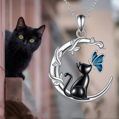 Black Cat Butterfly Moon Necklace