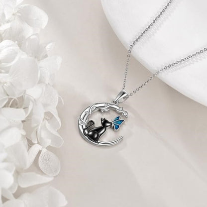 Black Cat Butterfly Moon Necklace